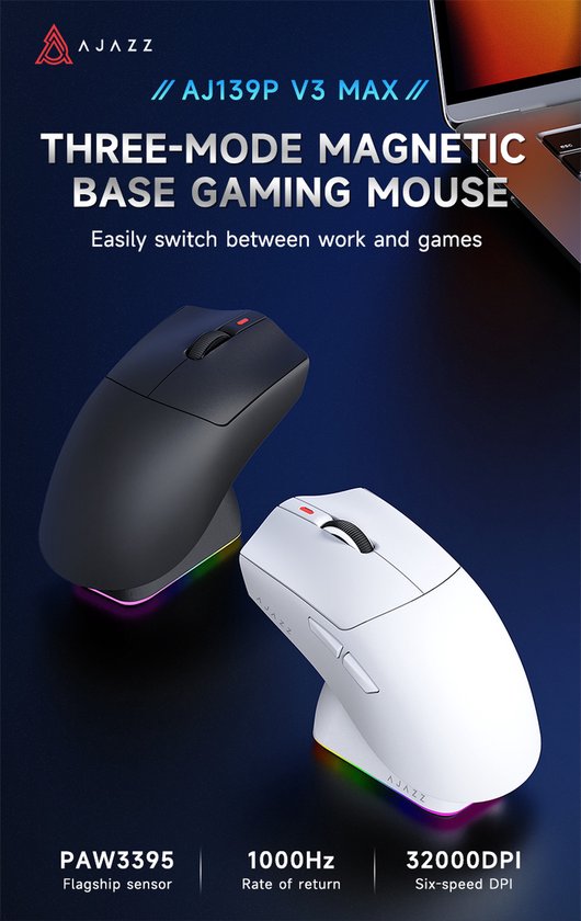 AJAZZ AJ139P V3 Max - Draadloze Gaming Muis - PAW3395 - 32.000 DPI - Wit- Inclusief Opbergcase