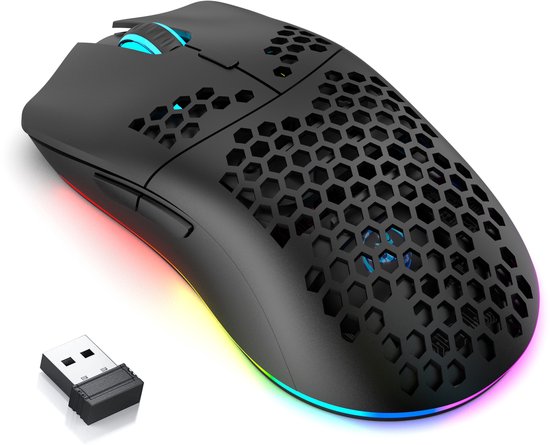 HXSJ T66 Draadloze Gaming Muis Zwart – RGB, Oplaadbaar, 3600 DPI, 6 Knoppen