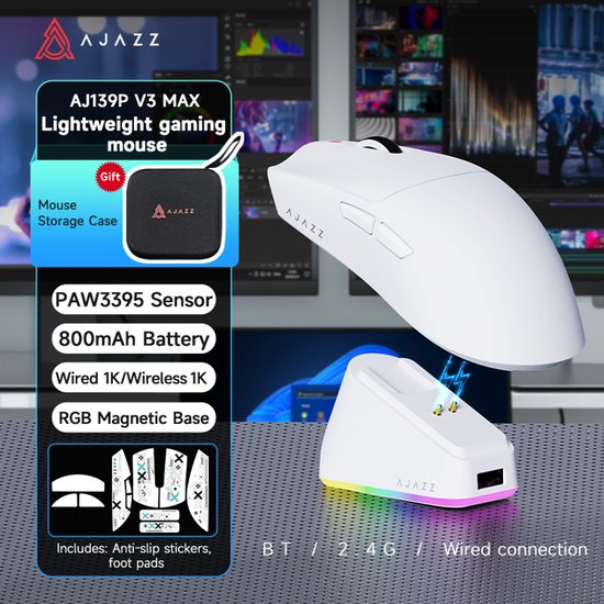 AJAZZ AJ139P V3 Max - Draadloze Gaming Muis - PAW3395 - 32.000 DPI - Wit- Inclusief Opbergcase