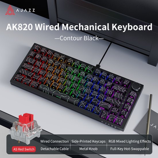 Ajazz AK820 – Mechanisch Toetsenbord 75% – Bedraad USB-C Gaming Keyboard – Hot Swap – Compact QWERTY – 82 Keys – Contourlijn zwart