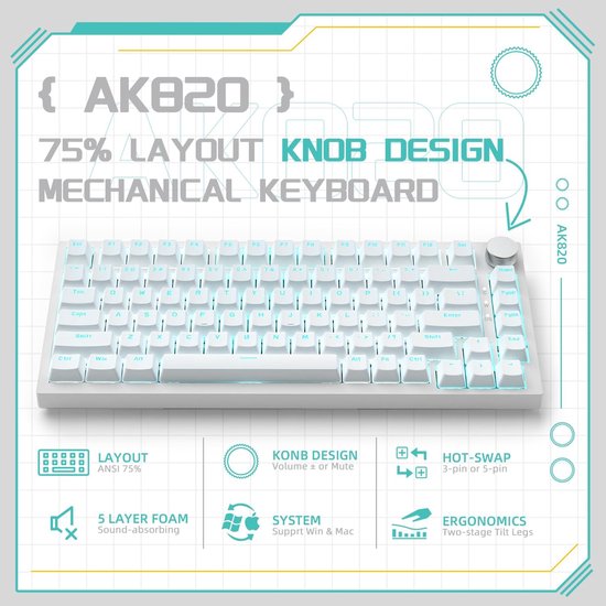 Ajazz AK820 – Mechanisch Toetsenbord 75% Bedraad USB-C - Hot Swap - 82 Keys - Wit