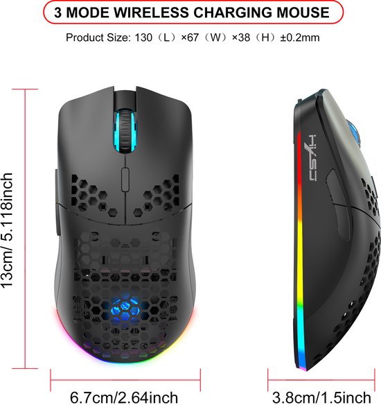 HXSJ T66 Draadloze Gaming Muis Zwart – RGB, Oplaadbaar, 3600 DPI, 6 Knoppen