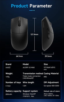 AJAZZ AJ139P V3 Max - Draadloze Gaming Muis - PAW3395 - 26.000 DPI - Tri-Mode - 1000Hz - RGB Oplaadstation - Zwart - Inclusief Opbergcase