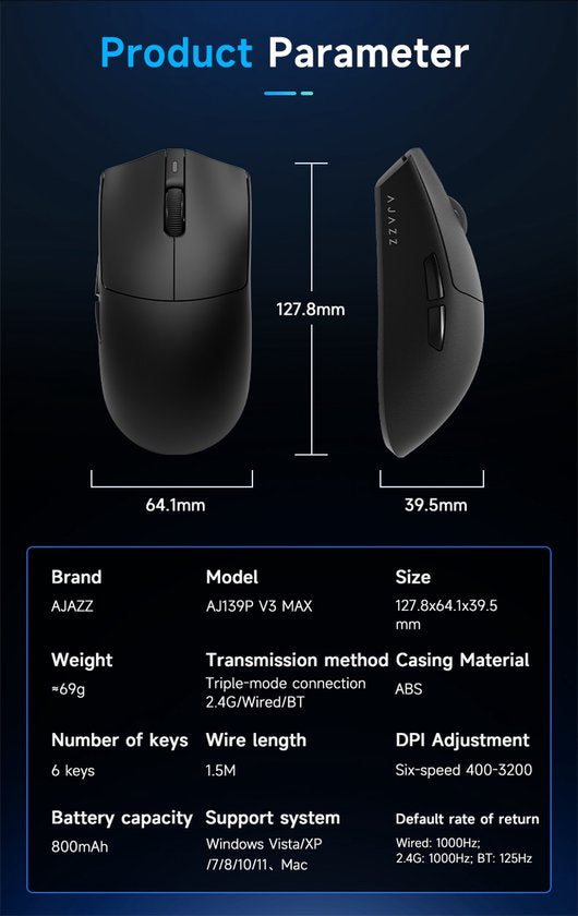 AJAZZ AJ139P V3 Max – Draadloze Gaming Muis – PAW3395 Sensor – 32.000 DPI – Tri-Mode – 1000Hz – 69g – Zwart - Inclusief Opbergcase