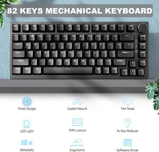 Ajazz AK820 – Mechanisch Toetsenbord 75% – Bedraad USB-C Gaming Keyboard – Hot Swap – Compact QWERTY – 82 Keys – Zwart