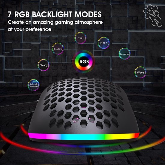 HXSJ T66 Draadloze Gaming Muis Zwart – RGB, Oplaadbaar, 3600 DPI, 6 Knoppen