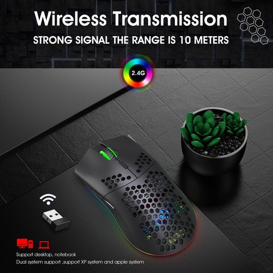 HXSJ T66 Draadloze Gaming Muis Zwart – RGB, Oplaadbaar, 3600 DPI, 6 Knoppen