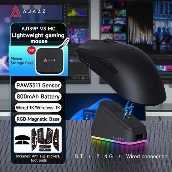 Ajazz AJ139 V2 MC - draadloze gaming muis - PAW3311 - 12.000 DPI - Tri-Mode - 1000Hz - 66 g - Zwart