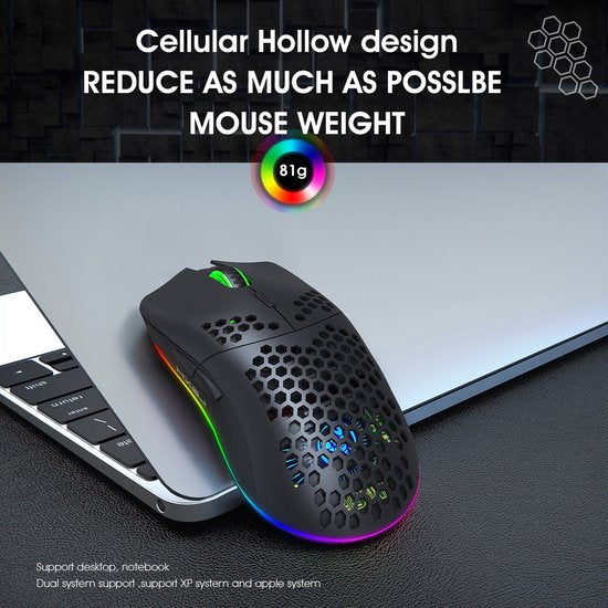 HXSJ T66 Draadloze Gaming Muis Zwart – RGB, Oplaadbaar, 3600 DPI, 6 Knoppen