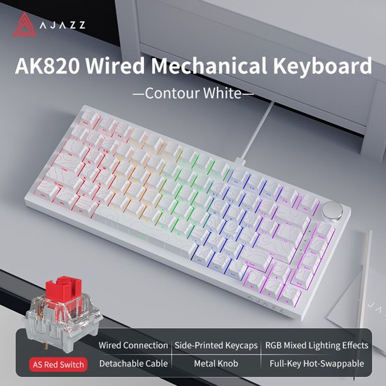 Ajazz AK820 – Mechanisch Toetsenbord 75% - 82 Keys - Hot Swap - USB-C - Contourlijn wit