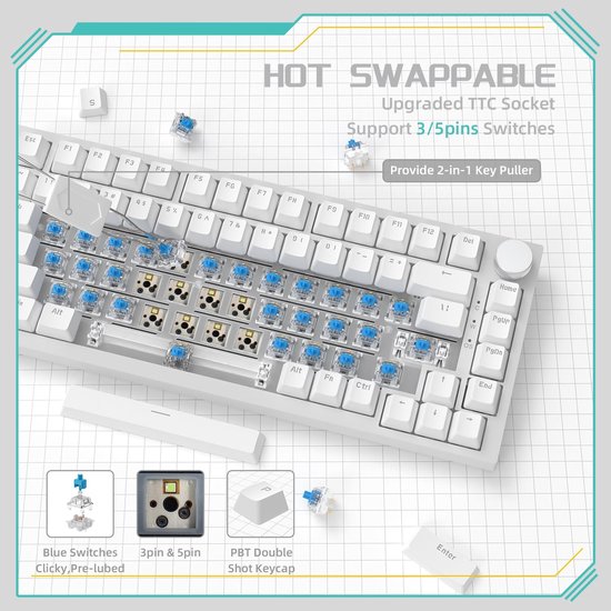 Ajazz AK820 – Mechanisch Toetsenbord 75% – Bedraad USB-C Gaming Keyboard – Hot Swap – Compact QWERTY – 82 Keys – Wit