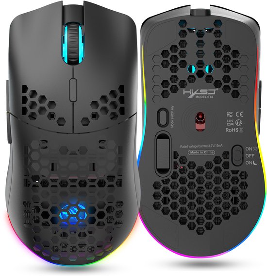 HXSJ T66 Draadloze Gaming Muis Zwart – RGB, Oplaadbaar, 3600 DPI, 6 Knoppen